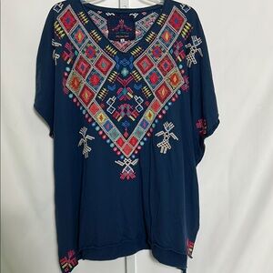 Johnny Was Los Angels Women’s Size Small Embroidered Navy  Poncho Aztec Top